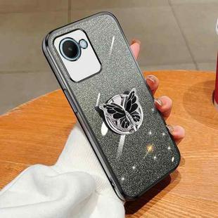 For Realme C30s Plated Gradient Glitter Butterfly Holder TPU Phone Case(Black)