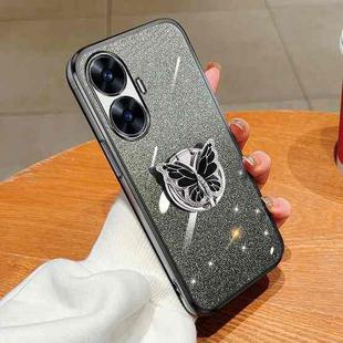 For Realme C55 Plated Gradient Glitter Butterfly Holder TPU Phone Case(Black)