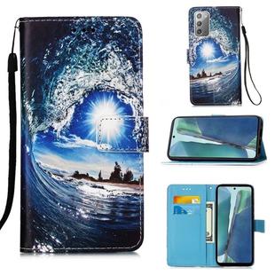For Samsung Galaxy Note20 Colored Drawing Pattern Plain Weave Horizontal Flip Leather Case with Holder & Card Slot & Wallet & Lanyard(Waves And Sun)