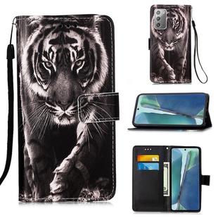 For Samsung Galaxy Note20 Colored Drawing Pattern Plain Weave Horizontal Flip Leather Case with Holder & Card Slot & Wallet & Lanyard(Black And White Tiger)