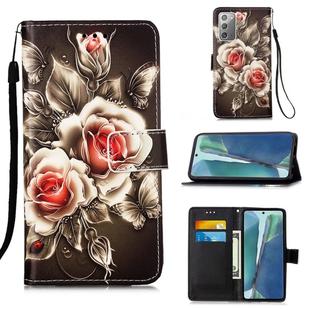 For Samsung Galaxy Note20 Colored Drawing Pattern Plain Weave Horizontal Flip Leather Case with Holder & Card Slot & Wallet & Lanyard(Roses On Black)