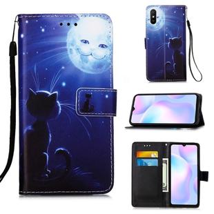 For Xiaomi Redmi 9A Colored Drawing Pattern Plain Weave Horizontal Flip Leather Case with Holder & Card Slot & Wallet & Lanyard(Cat And Sun)