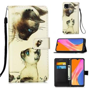 For Xiaomi Redmi 9C Colored Drawing Pattern Plain Weave Horizontal Flip Leather Case with Holder & Card Slot & Wallet & Lanyard(Cat Looking)