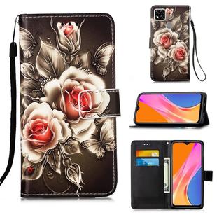 For Xiaomi Redmi 9C Colored Drawing Pattern Plain Weave Horizontal Flip Leather Case with Holder & Card Slot & Wallet & Lanyard(Roses On Black)