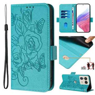 For Motorola Edge 50 Ultra Embossed Rose RFID Anti-theft Leather Phone Case(Light Blue)