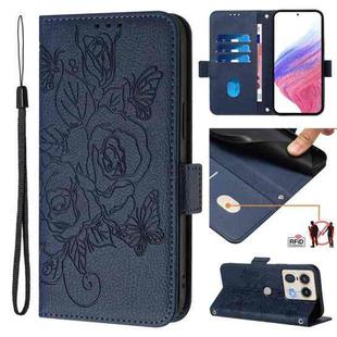 For Motorola Edge 50 5G Global Embossed Rose RFID Anti-theft Leather Phone Case(Dark Blue)