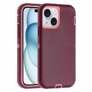 For iPhone 15 Plus Robot Three-proof Life Waterproof Phone Case with Holder(Wine Red + Pink)
