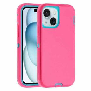 For iPhone 15 Robot Three-proof Life Waterproof Phone Case with Holder(Rose Red + Blue)