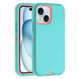 For iPhone 15 Robot Three-proof Life Waterproof Phone Case with Holder(Glacier Blue + Pink)