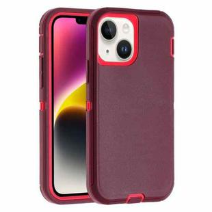 For iPhone 14 Plus Robot Three-proof Life Waterproof Phone Case with Holder(Wine Red + Rose Red)