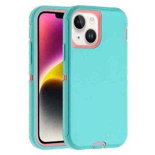 For iPhone 14 Plus Robot Three-proof Life Waterproof Phone Case with Holder(Glacier Blue + Pink)
