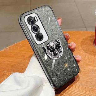For OPPO Reno12 Pro Global Plated Gradient Glitter Butterfly Holder TPU Phone Case(Black)