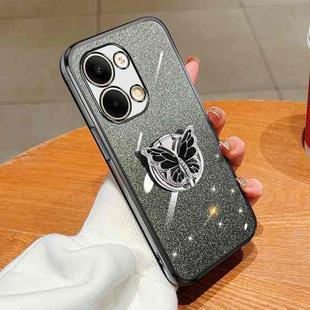For OPPO Reno9 Plated Gradient Glitter Butterfly Holder TPU Phone Case(Black)