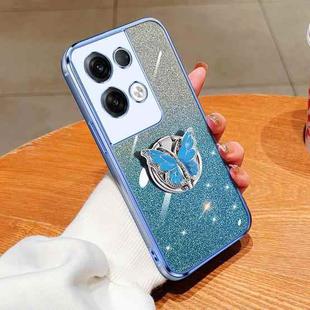 For OPPO Reno8 Pro+ Plated Gradient Glitter Butterfly Holder TPU Phone Case(Sierra Blue)