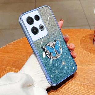 For OPPO Reno8 Pro Plated Gradient Glitter Butterfly Holder TPU Phone Case(Sierra Blue)