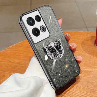 For OPPO Reno8 Pro Plated Gradient Glitter Butterfly Holder TPU Phone Case(Black)