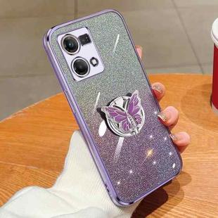 For OPPO Reno7 4G Plated Gradient Glitter Butterfly Holder TPU Phone Case(Purple)