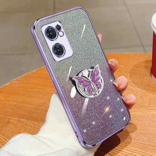 For OPPO Reno7 5G Plated Gradient Glitter Butterfly Holder TPU Phone Case(Purple)