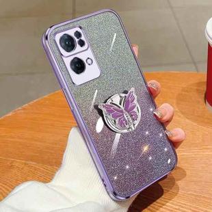 For OPPO Reno7 Pro Plated Gradient Glitter Butterfly Holder TPU Phone Case(Purple)