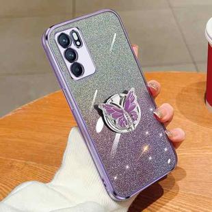 For OPPO Reno6 5G Plated Gradient Glitter Butterfly Holder TPU Phone Case(Purple)