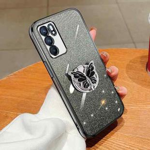 For OPPO Reno6 5G Plated Gradient Glitter Butterfly Holder TPU Phone Case(Black)