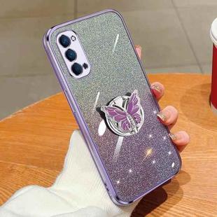 For OPPO Reno4 5G Plated Gradient Glitter Butterfly Holder TPU Phone Case(Purple)