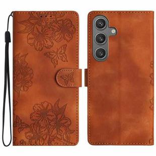 For Samsung Galaxy S24 FE 5G Cherry Blossom Butterfly Skin Feel Embossed PU Phone Case(Brown)