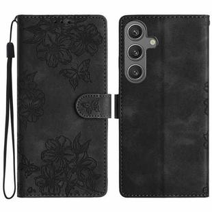For Samsung Galaxy S25 5G Cherry Blossom Butterfly Skin Feel Embossed PU Phone Case(Black)