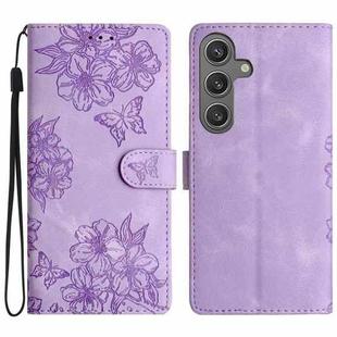 For Samsung Galaxy S25+ 5G Cherry Blossom Butterfly Skin Feel Embossed PU Phone Case(Purple)