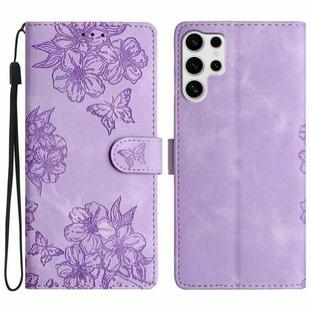 For Samsung Galaxy S25 Ultra 5G Cherry Blossom Butterfly Skin Feel Embossed PU Phone Case(Purple)
