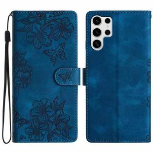 For Samsung Galaxy S25 Ultra 5G Cherry Blossom Butterfly Skin Feel Embossed PU Phone Case(Blue)