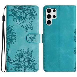 For Samsung Galaxy S25 Ultra 5G Cherry Blossom Butterfly Skin Feel Embossed PU Phone Case(Green)