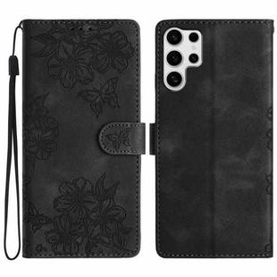 For Samsung Galaxy S25 Ultra 5G Cherry Blossom Butterfly Skin Feel Embossed PU Phone Case(Black)