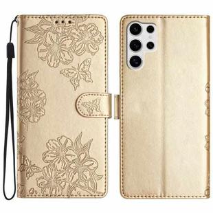 For Samsung Galaxy S25 Ultra 5G Cherry Blossom Butterfly Skin Feel Embossed PU Phone Case(Gold)