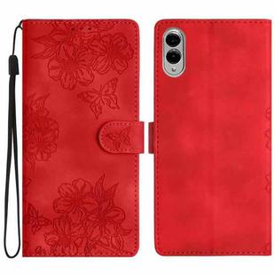 For Samsung Galaxy S25 Edge 5G Cherry Blossom Butterfly Skin Feel Embossed PU Phone Case(Red)