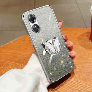 For OPPO A17 Plated Gradient Glitter Butterfly Holder TPU Phone Case(Silver)