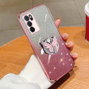 For OPPO A16 Plated Gradient Glitter Butterfly Holder TPU Phone Case(Pink)