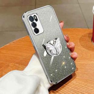 For OPPO A16 Plated Gradient Glitter Butterfly Holder TPU Phone Case(Silver)