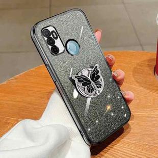 For OPPO A32 Plated Gradient Glitter Butterfly Holder TPU Phone Case(Black)