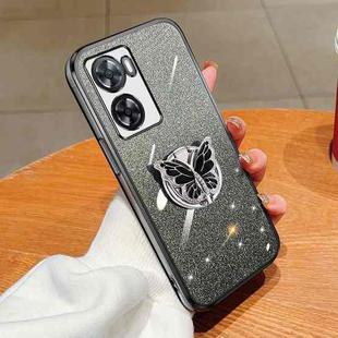 For OPPO A57 4G Plated Gradient Glitter Butterfly Holder TPU Phone Case(Black)