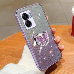 For OPPO A57 5G Plated Gradient Glitter Butterfly Holder TPU Phone Case(Purple)