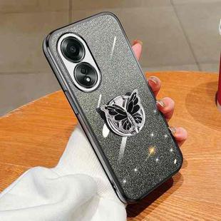 For OPPO A58 4G Plated Gradient Glitter Butterfly Holder TPU Phone Case(Black)