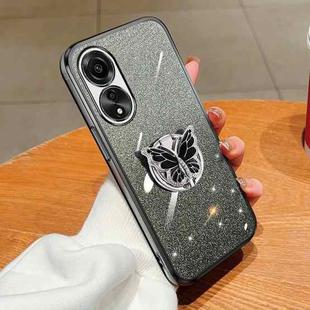 For OPPO A78 4G Plated Gradient Glitter Butterfly Holder TPU Phone Case(Black)