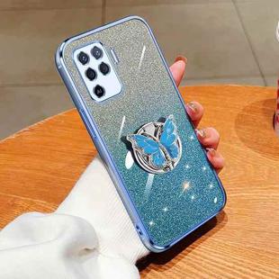 For OPPO A94 4G Plated Gradient Glitter Butterfly Holder TPU Phone Case(Sierra Blue)