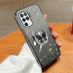 For OPPO A94 4G Plated Gradient Glitter Butterfly Holder TPU Phone Case(Black)