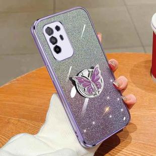For OPPO A94 5G Plated Gradient Glitter Butterfly Holder TPU Phone Case(Purple)