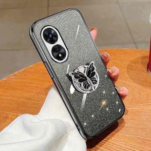 For OPPO A97 5G Plated Gradient Glitter Butterfly Holder TPU Phone Case(Black)