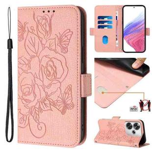 For Xiaomi Poco F6 5G Embossed Rose RFID Anti-theft Leather Phone Case(Pink)