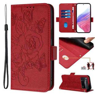 For Xiaomi Poco X4 Pro 5G Embossed Rose RFID Anti-theft Leather Phone Case(Red)