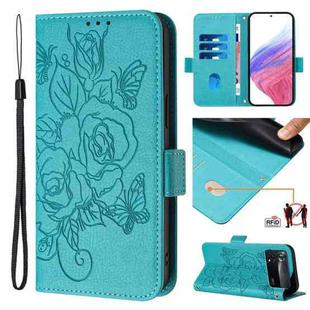 For Xiaomi Poco X4 Pro 5G Embossed Rose RFID Anti-theft Leather Phone Case(Light Blue)